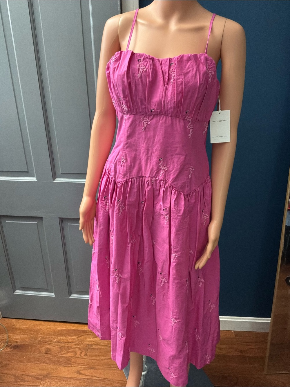 Spaghetti-Strap Pink Midi Dress with Subtle Embroidery